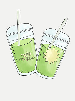 Melo x Spell matcha bubble cup illustration showing two green iced matcha drinks with straws