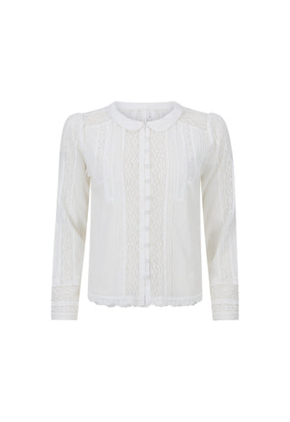 A close-up of a white long-sleeve blouse with intricate lace panels and vertical pleated detailing